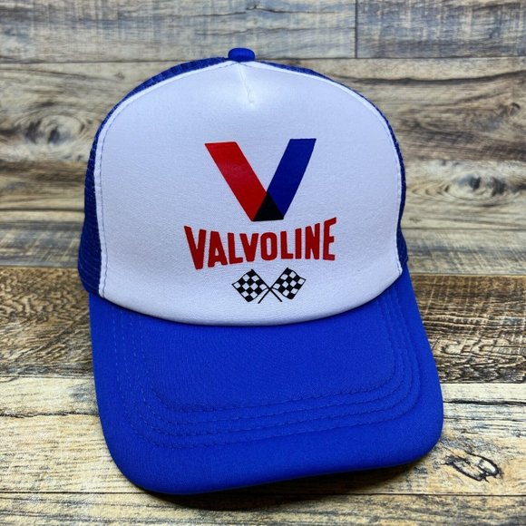 Valvoline Racing Mens Trucker Hat Blue Snapback Nascar Drag Race Motor Oil Cap - Picture 1 of 8